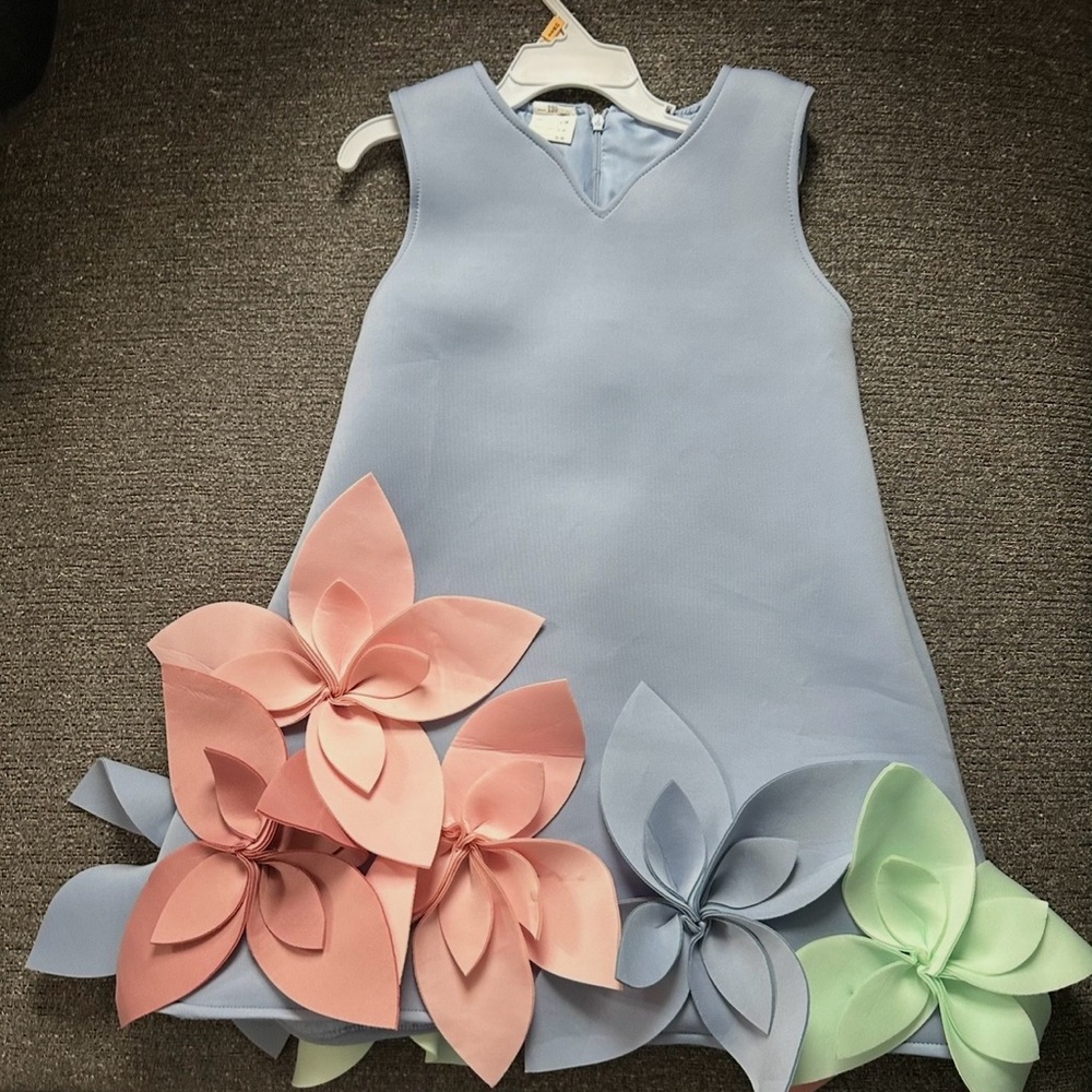 Girls Light Blue Floral Appliqué Dress